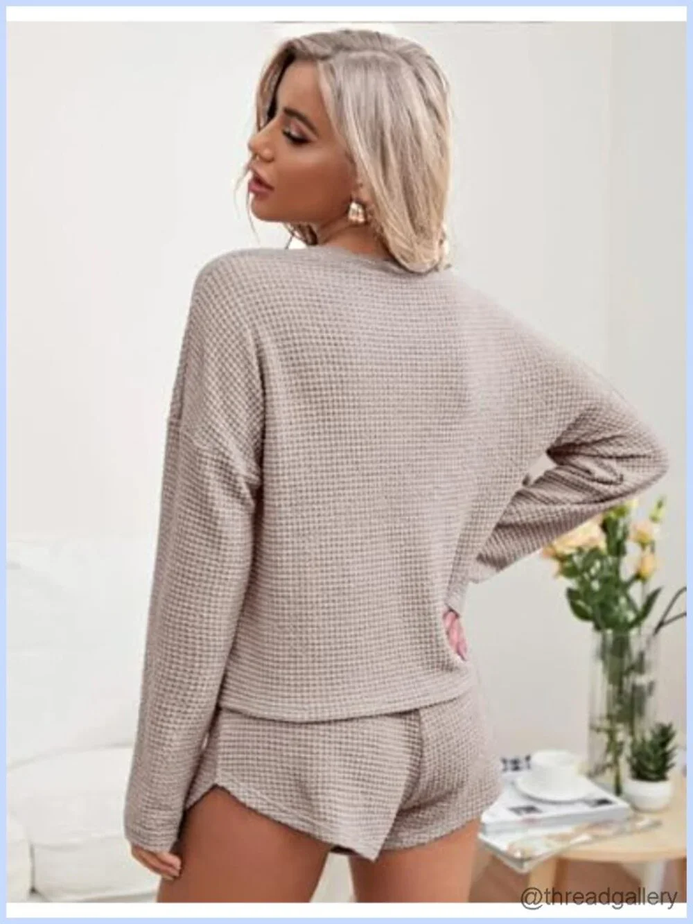 Waffle Knit Pajama Set Long Sleeve Top & Shorts Lounge Set